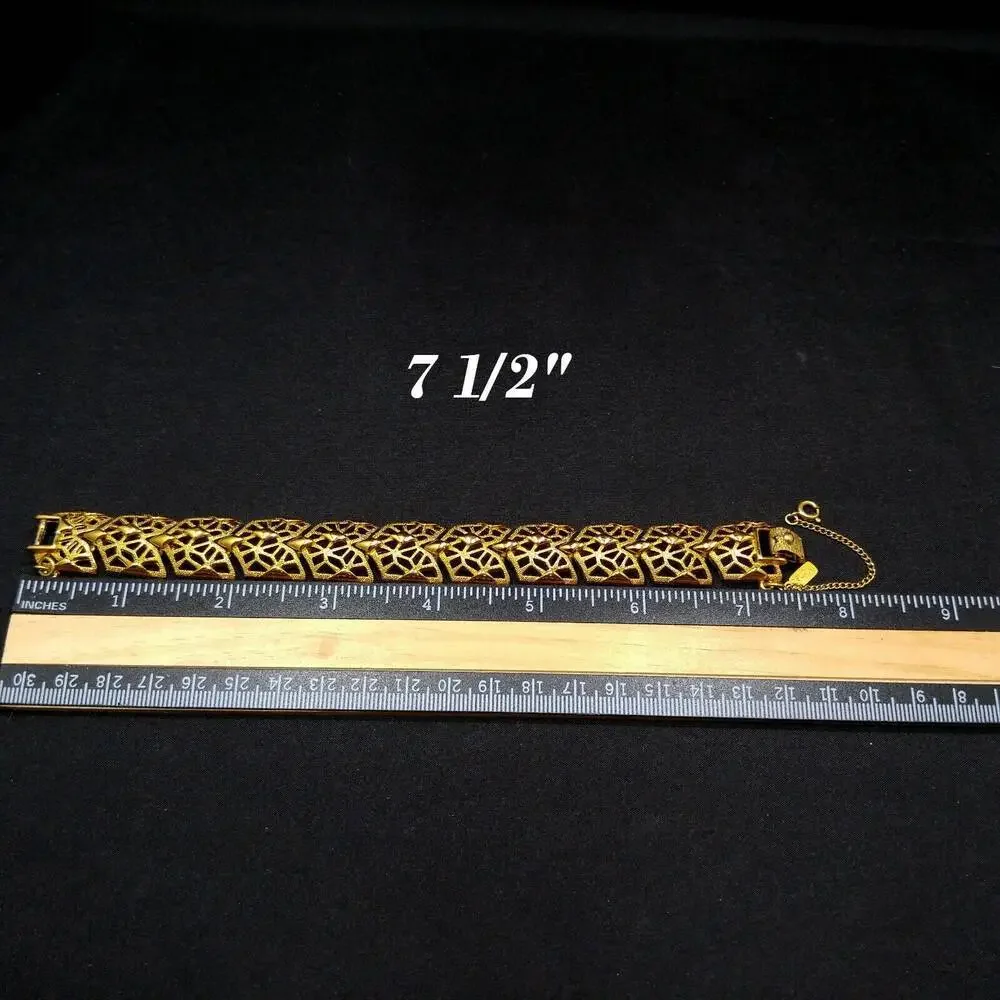 Vintage Monet Gold Plated Openwork Link Bracelet w/ Safety Chain 1960s